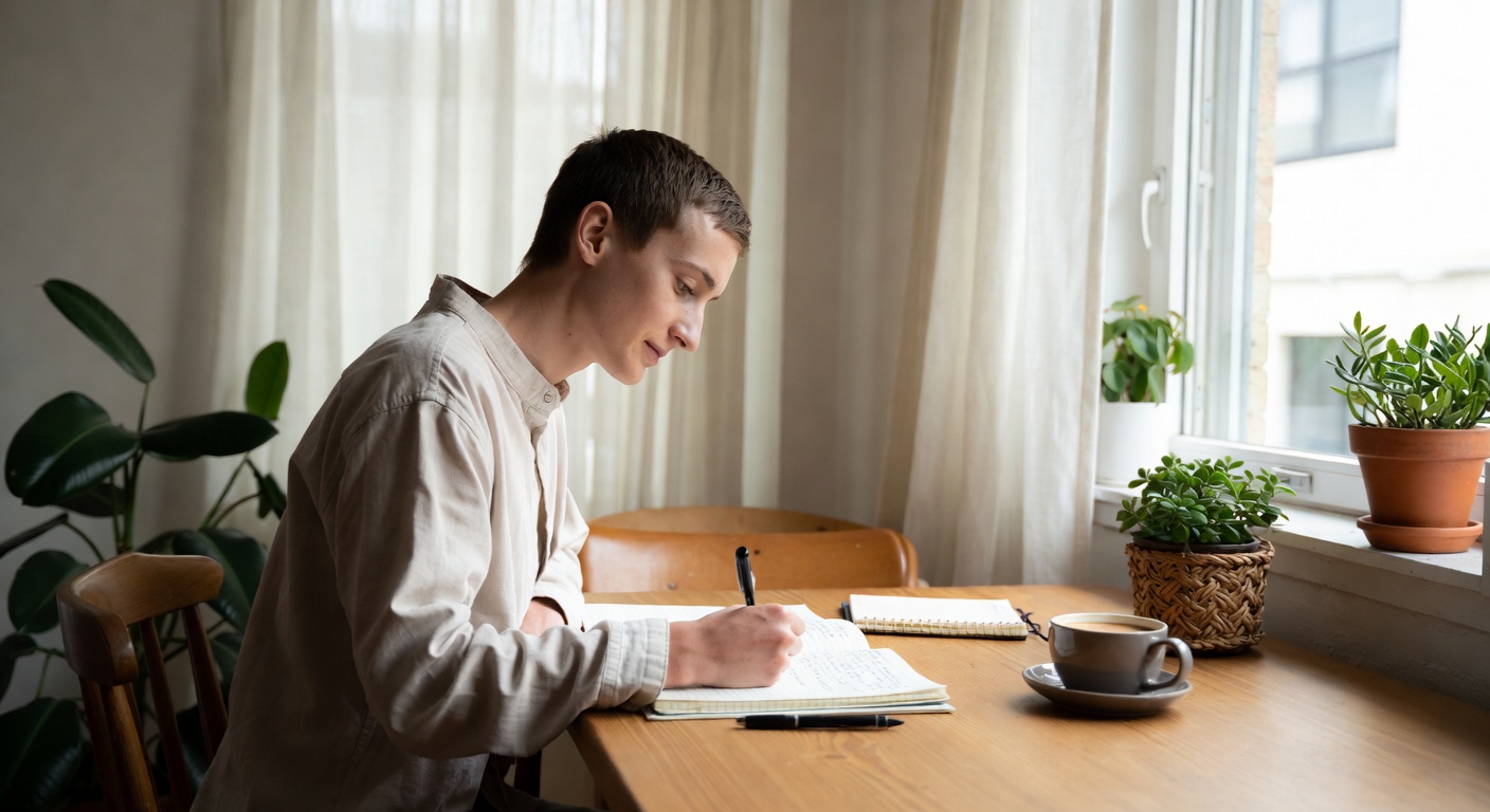 A calm person reflecting, representing structured insight
