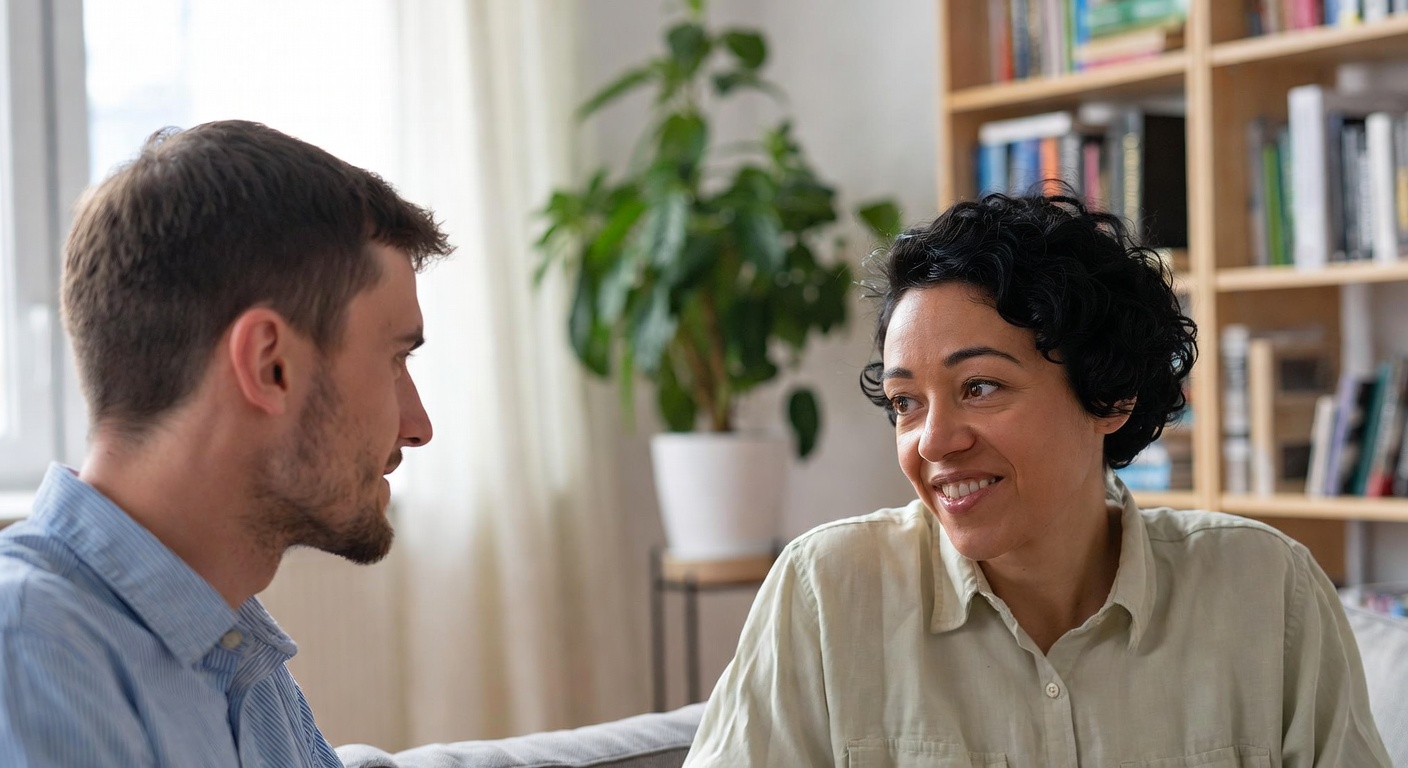 A calm scene of two people talking, representing connection and communication